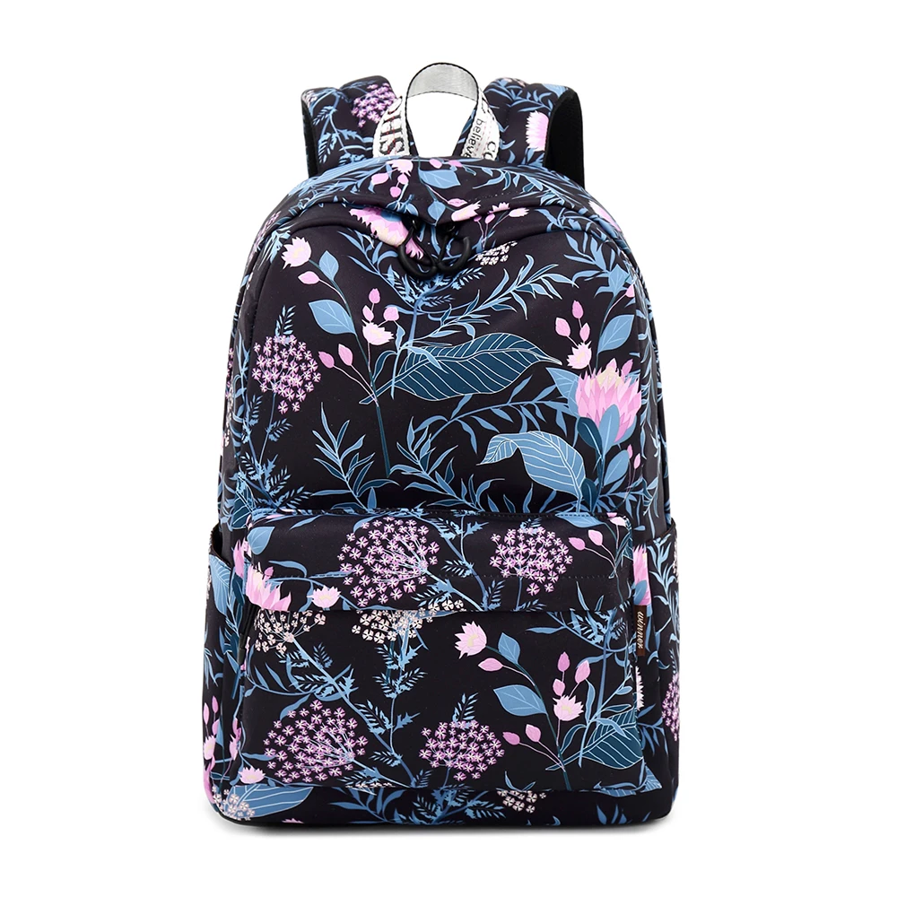 Waterproof Black Flower School Backpack with 15.6" Laptop Sleeve Cute