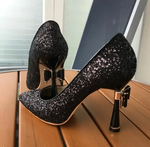 2017 newest bling bling glitter high heel shoes sexy pointed toe metal butterfly-knot strange heels woman pumps wedding heels