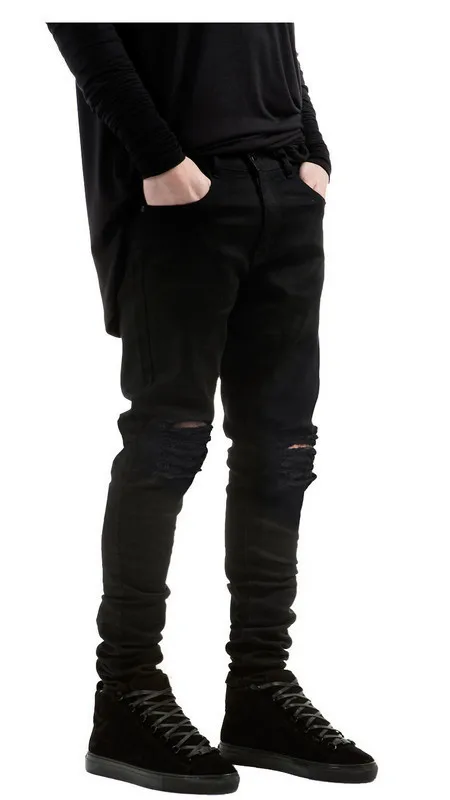 Black Ripped Jeans Men With Holes Super Skinny Famous Designer Brand trousers Slim Fit Destroyed Torn Jean Pants For Male