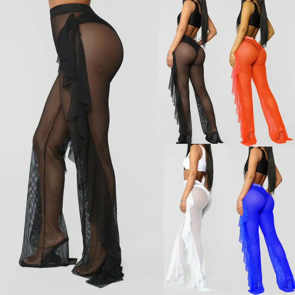 

Sexy Women Beach High Waist Fishnet Mesh Ruffles See-through Sheer Wide Leg Pants Bikini Cover Up Trousers