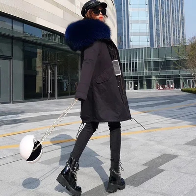 Пальто с натуральным мехом зимняя куртка женская длинная парка верхняя одежда с воротником из натурального меха енота черная уличная одежда 3 в 1 модный бренд - Цвет: black blue