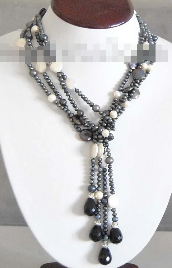 

FREE SHIPPING>>>@@ > N3391 Vintage Long Black Pearls white coin bead Lariat Necklace