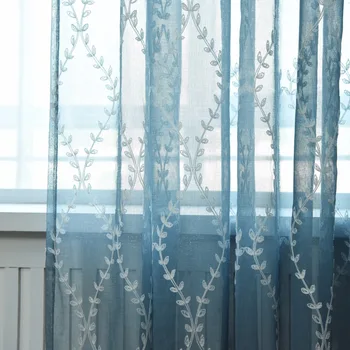 

2018 Hot Sales blue Embroidered european waves style Window sheers Home Decor Window Curtain Cut Flowers Window tulles 1pc