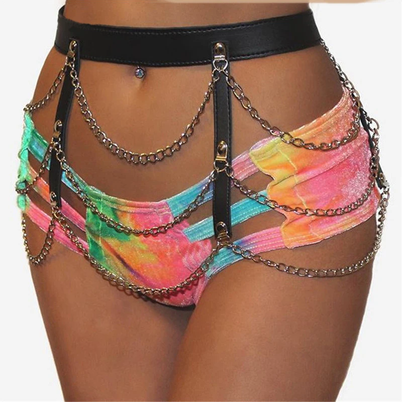 Goth PU Leather Metal Link Chains Sexy Mini Skirts Women Hollow Out