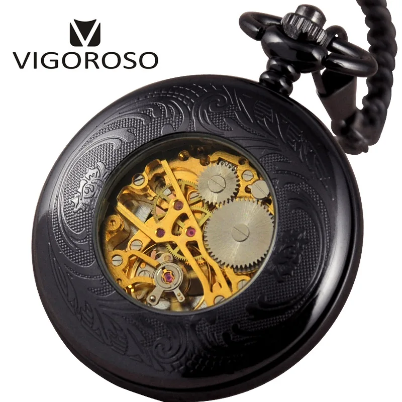VIGOROSO механические часы с ручным подзаводом из серебряной стали, часы с римскими цифрами, часы-Скелетон, брелок, часы с подвеской, карманные часы, Новинка
