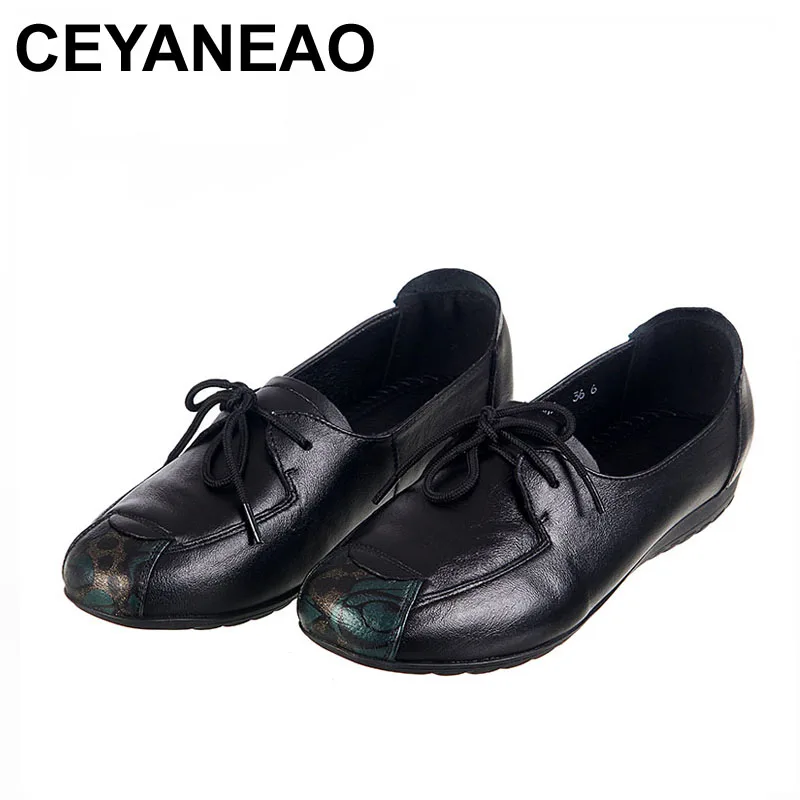 

CEYANEAO 2018 Mother Lace-Up Shoes Summer Genuine Leather Shoes Women Single Soft Bottom Lace Printing Flats push Large size 41