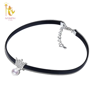 

NYMPH Pearl Jewelry Natural Freshwater Pearl Necklace Pendant New Trendy 9-10mm White Round Crown Gift For Girl 31CM X243