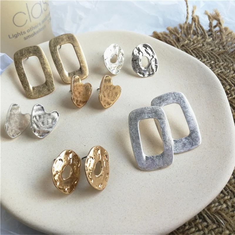 

Korea New Fashion Jewelry Vintage Big Circle Stud Earrings for Women Matte Geometric Oval Round Metal Knot Earrings Pendientes