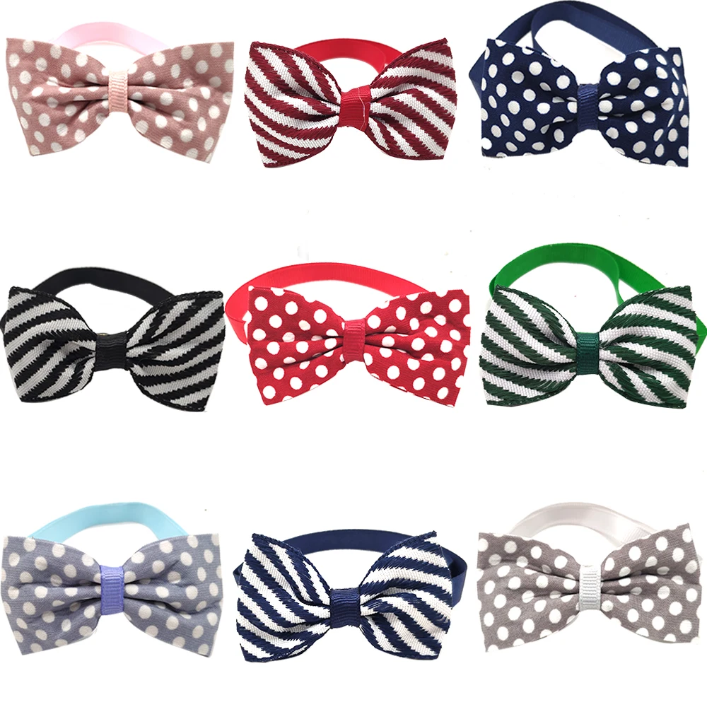 

50Pcs Pet Dog Bow Tie New Design Two Style Dots And Stripe Mix Handmade Dog Collar Tie Adjustable Strap Pet Grooming Accessories