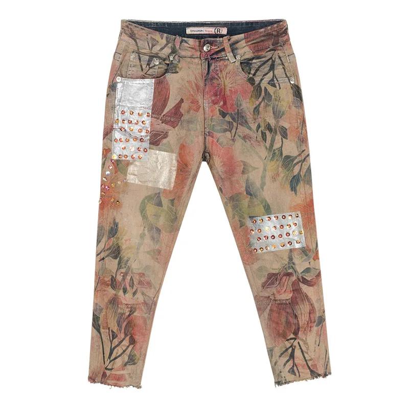 Mujer Y Pantalones Color Verano Moda La De Primavera Pintado Del Cruz Denim Cordón Tobillo Longitud Elástico Mujeres Lentejuelas Las Vaqueros CxwURAAdq