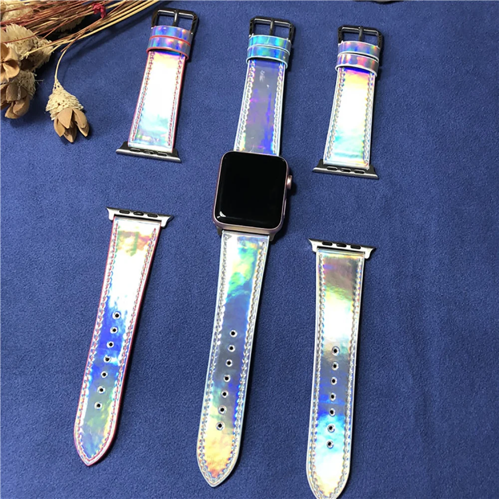 

New Colorful Bright Leather Material Band for Apple Watch Watchband 38mm 40mm 42mm 44mm for iWatch Strap Series 1 2 3 4 Bracelet