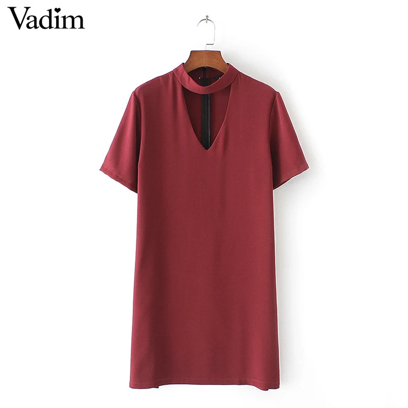 Женское сексуальное платье с v-образным вырезом, мини-платья с коротким рукавом, однотонное, черное, зеленое, Дамское летнее повседневное уличное платье QZ2628 - Цвет: Wine Red
