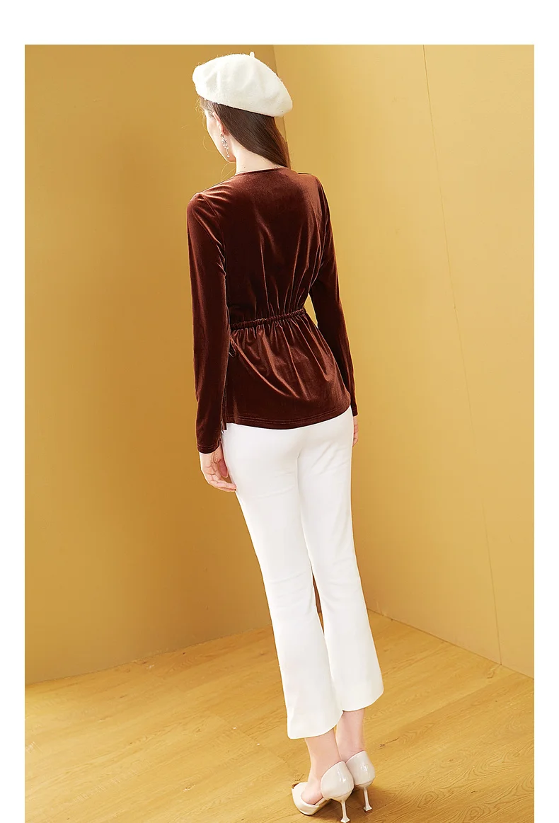 Tingfly, Женская Весенняя Осенняя бархатная блузка с v-образным вырезом и длинным рукавом, модные топы с поясом, велюровая туника, приталенные рубашки размера плюс 4XL