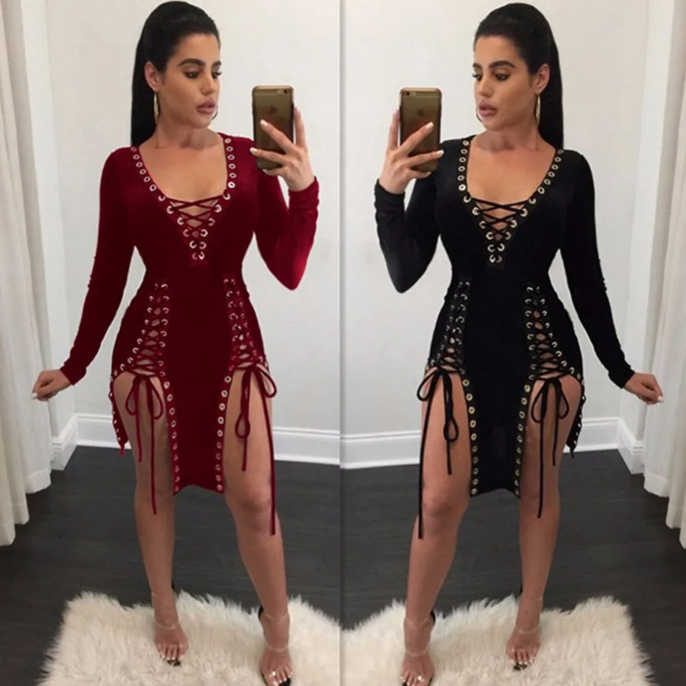 

2017 New Fashion Casual Mini Dress Women Black Red Plus Size Lace Up Sexy Club Party Dress Bodycon Bandage Dresses Vestidos