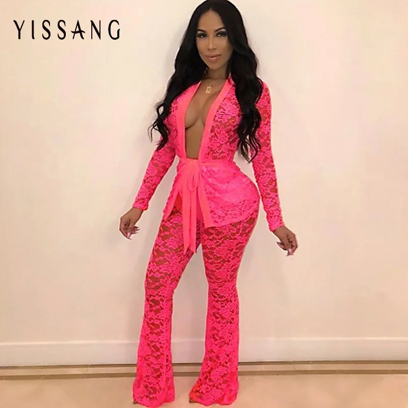 Женский костюм Yissang неоновый/зеленый облегающий из двух предметов с длинным