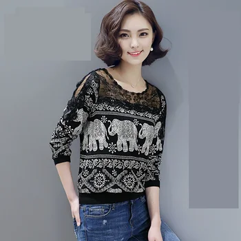 

5xl plus big size blusas feminina 2017 new korean spring autumn women new loose hollow out lace top tshirts female A2887
