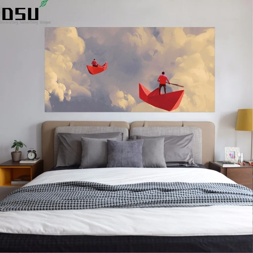 3d 男性折り紙赤紙ボートフローティングに曇り空イラスト塗装ベッド壁寝室ホーム装飾 壁紙 Aliexpress