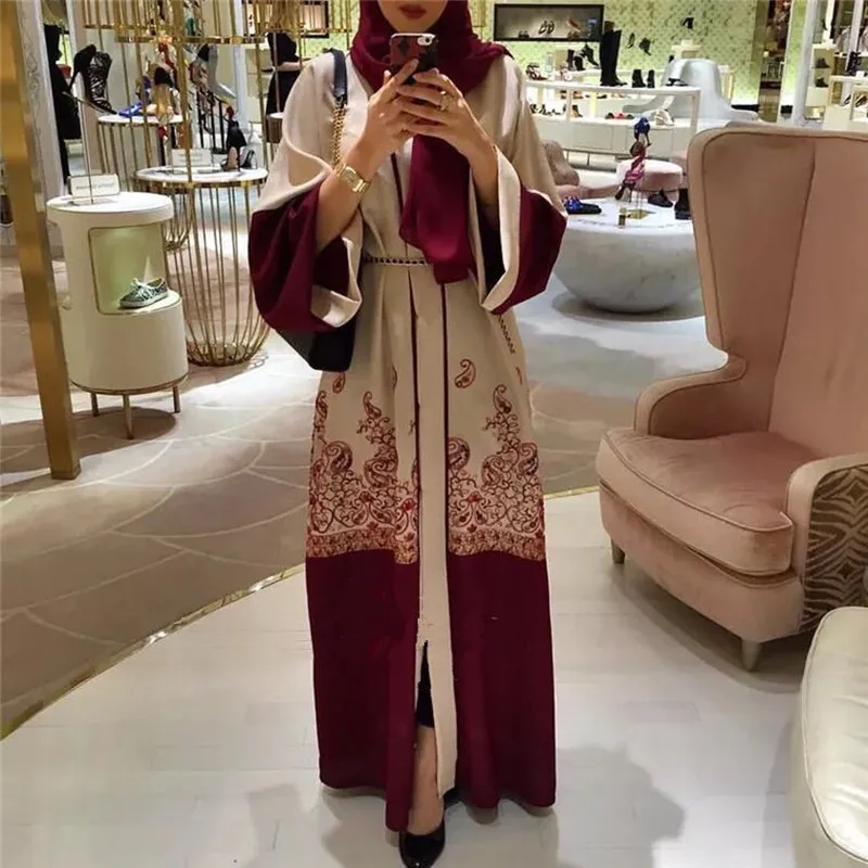 

HANZANGL 2018 Fashion Red Print Muslim Dress Women Abaya Maxi Dress Middle East Long Robe Gowns Dubai Arab Islamic Clothing