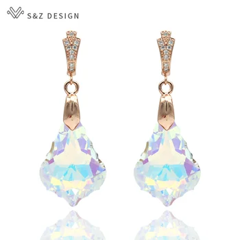 

S&Z New White Imitation Crystal Long Water Drop 585 Rose Gold Color Dangle Earrings For Women 2019 Fashion Jewelry