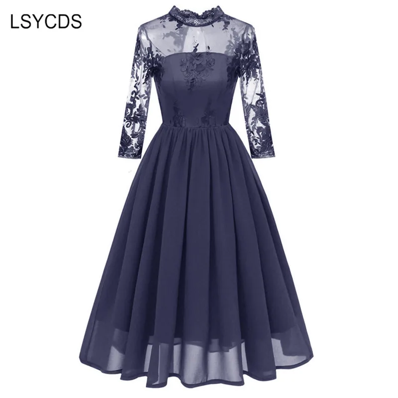 

LSYCDS Autumn Women Dress Chiffon 3/4 Sleeve Mesh Sexy Hollow Out Robe Gown Big Swing Retro Casual Party 50s 60s Vintage Dress