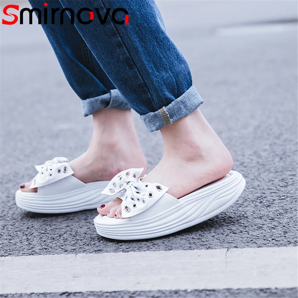 

Smirnova 2020 fashion summer new shoes woman sandals women black white flat platform genuine leather ladies shoes bowknot