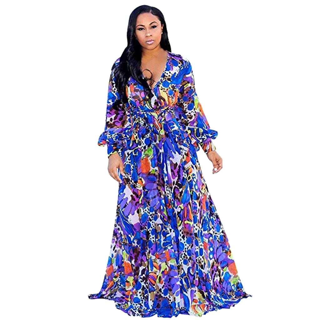

Womens Bohemian Dress Stylish Chiffon V-Neck Ankle-Length Plus Size Printed Floral Maxi Dress with Waisted Belt Plus #0516