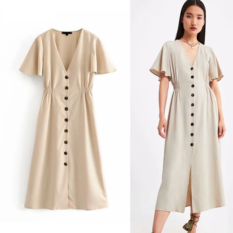 

WOMAN 2019 women fashion Solid long dress ladies V-neck khaki Button chic korean vestidos brand party mididresses