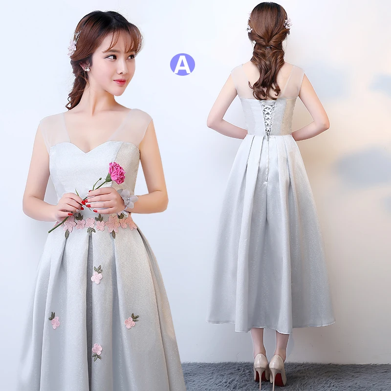 Vestido De Festa серое платье подружки невесты длиной до колена с розовой аппликацией