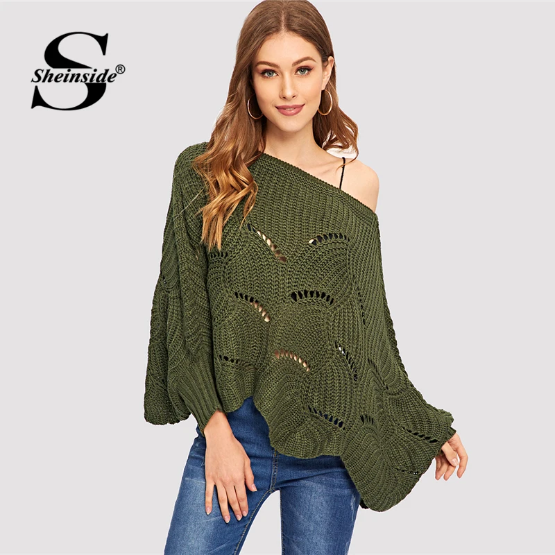 

Sheinside Army Green Eyelet Detail Scallop Trim Batwing Sleeve Sweater Boat Neck 2018 Autumn Pullovers Oversized Loose Sweater