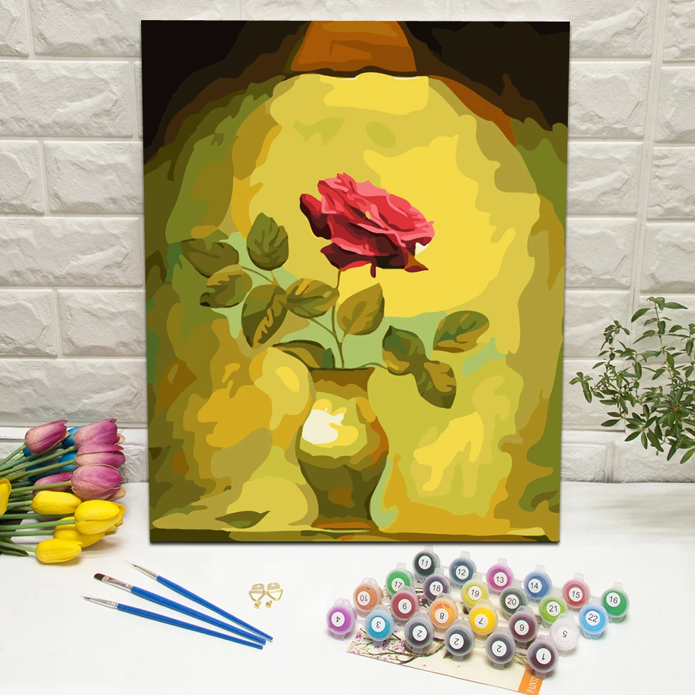 Framed A Red Rose In Vase Oil Painting By Numbers Hand Painted On