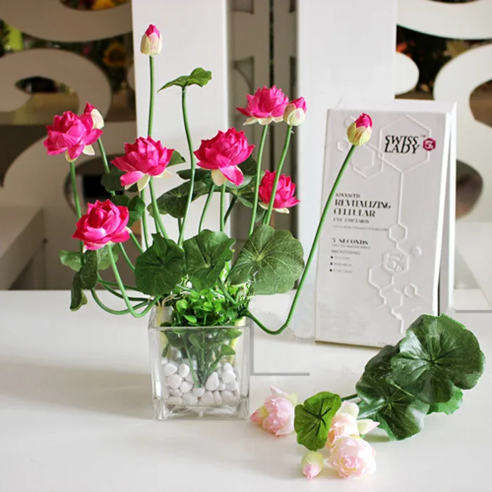 11 head Mini artificial silk lotus flower with leafs Green plants