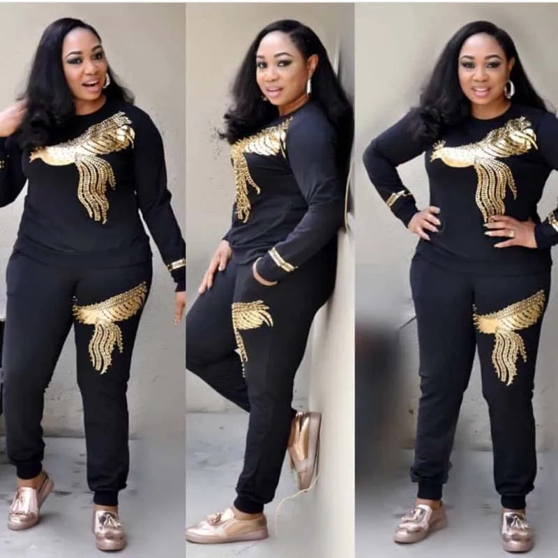 

African Spring Two Piece Set Women Tracksuit Phoenix Sequins Diamond Casual Sportsuit Black O-Neck Long Sleeve Long Pant Suits