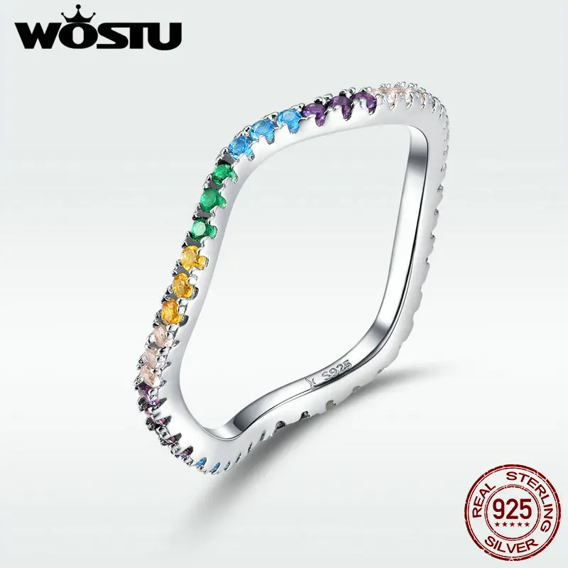 

WOSTU Genuine Sterling Silver 925 Rainbow Wave Ring Colorful Zircon Simple Silver Rings For Women Princess Party Jewelry DXR465