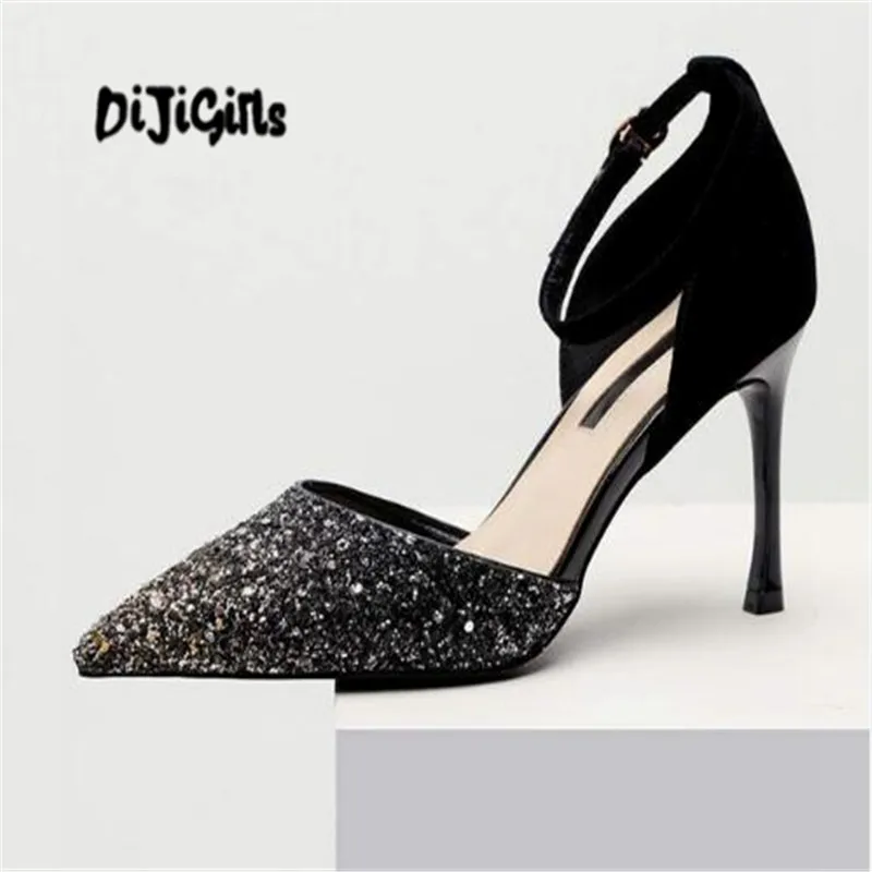 DIJIGIRLS 2018 streetwear genuine leather pointed toe stiletto high heels women pumps sequins bling party shallow shoes