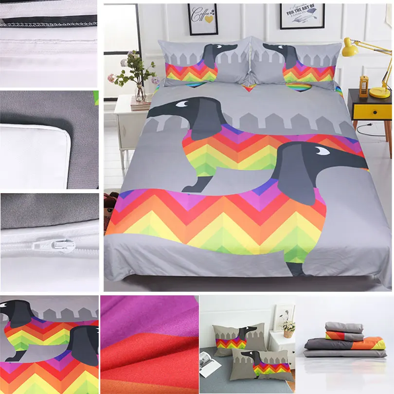 

4Pcs 3D Bedding Sets Cotton Linens Colorful Sausage Dog King Queen Full Twin Duvet Cover Set 2pcs Pillowcase Bedclothes F