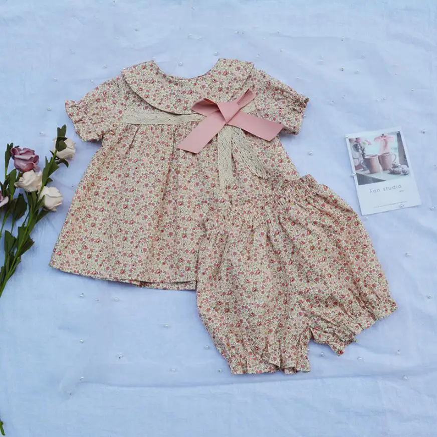 

2019 Summer New Spanish Style dress Top+shorts 2PCS Lapel Print Cotton Cute tops Toddler dress Modis Kids Clothes vestidos Y1451