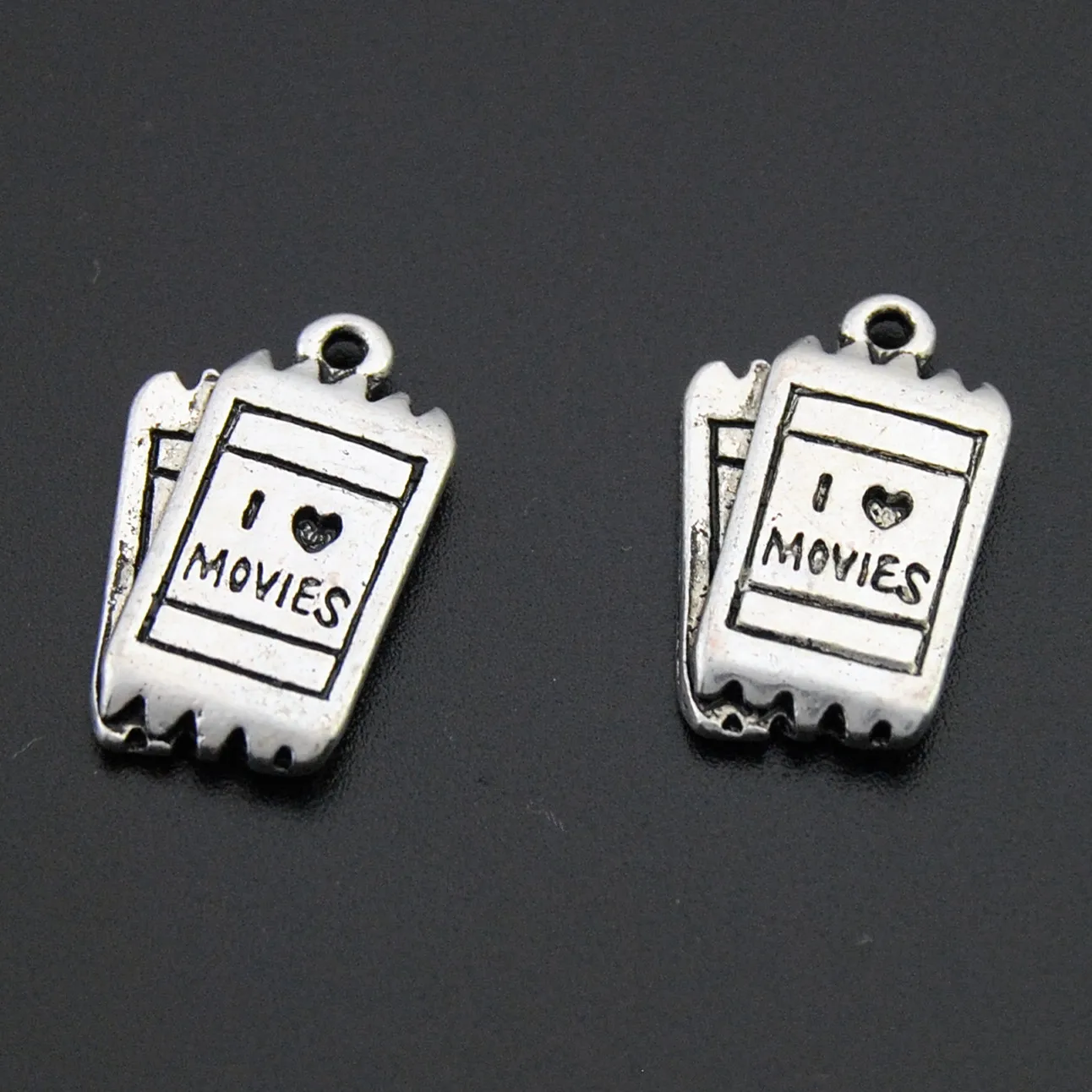 5PCS Antique Silver I Love Movies Tickets DIY Engraved Bracelet Charm