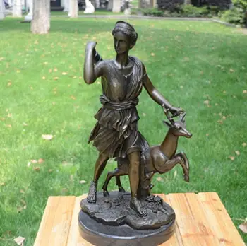 

18" Western Pure Bronze Marble Hunter and deer Statue Art Deco Sculpture