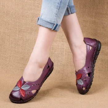 

Summer Women Shoes Woman Genuine Leather Flats Soft Breathable Hole Shoes Women Flat Casual Shoes