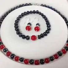 7-8 мм черный жемчуг красный нефрит ожерелье комплект из браслета и серег 18"