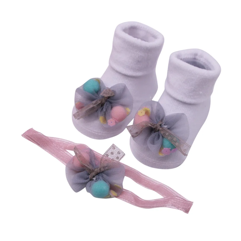 Носки для новорожденных нескользящие носки для новорожденных носки для маленьких мальчиков и девочек, одежда с цветочным рисунком для новорожденных вещи для малышей нескользящие носки пояс для волос - Цвет: Gray