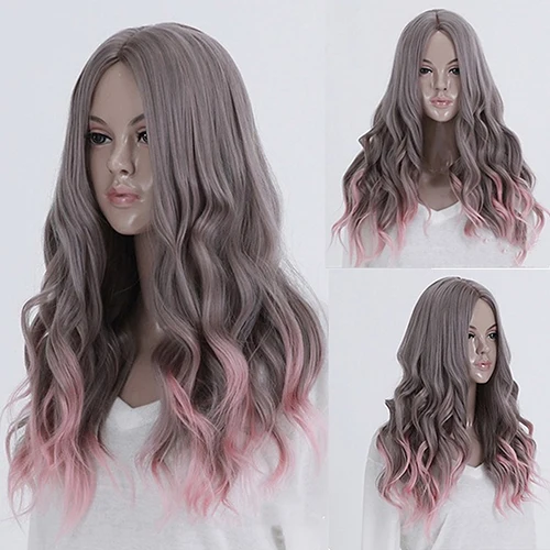 

Lolita Mix Grey Pink Centre Parting Cosplay Long Curly Wavy Hair Full Wigs
