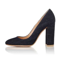 Amourplato Women Handmade Retro Round Toe Chunky Heel Pumps Vintage Style Jeans Slip On Work Party Dress Shoes