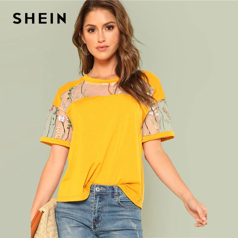 Aliexpress.com : Buy SHEIN Yellow Floral Embroidered Mesh Yoke Top ...