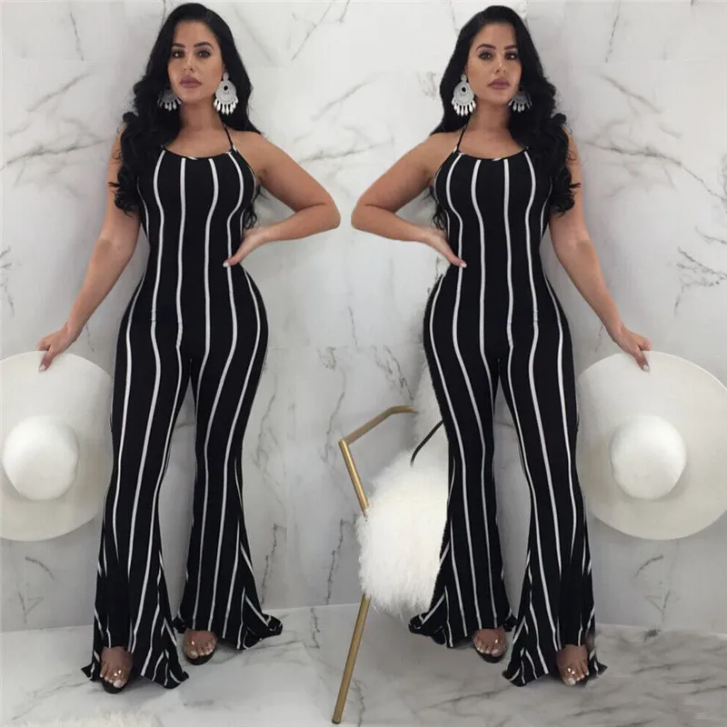 Halter Backless Striped Sleeveless Jumpsuits