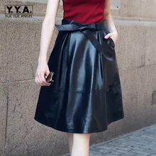 Новое поступление женские до колена юбки высокого качества кожаные с высокой талией плиссированные юбки модные женские юбки с бантом Большие размеры