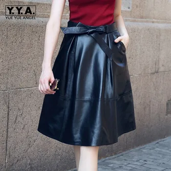 

New Arrival Woman Knee Length Skirts High Quality Leather High Waist Pleated Skirts Fashion Bowknot Ladies Skirts Plus Size