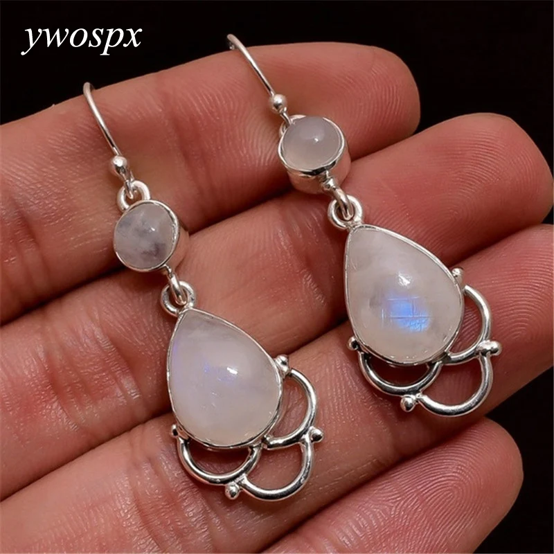YWOSPX элегантные серьги-подвески с имитацией лунного камня серебристого цвета для женщин, ювелирные изделия, свадебные серьги, подарки Y30
