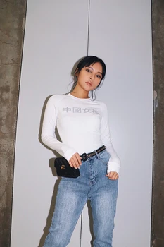 

Chinese Girls Long-sleeved Tight-collar T-shirt Women's Elastic Fitness Short Belly Navel Black Leisure Cotton Street T-shirt