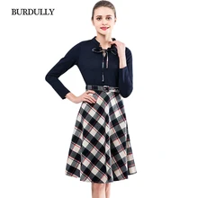 BURDULLY European Style Women Office Knitted Dress Long Sleeve Elegant Ladies 2018 Spring Patchwork Plaid Dress